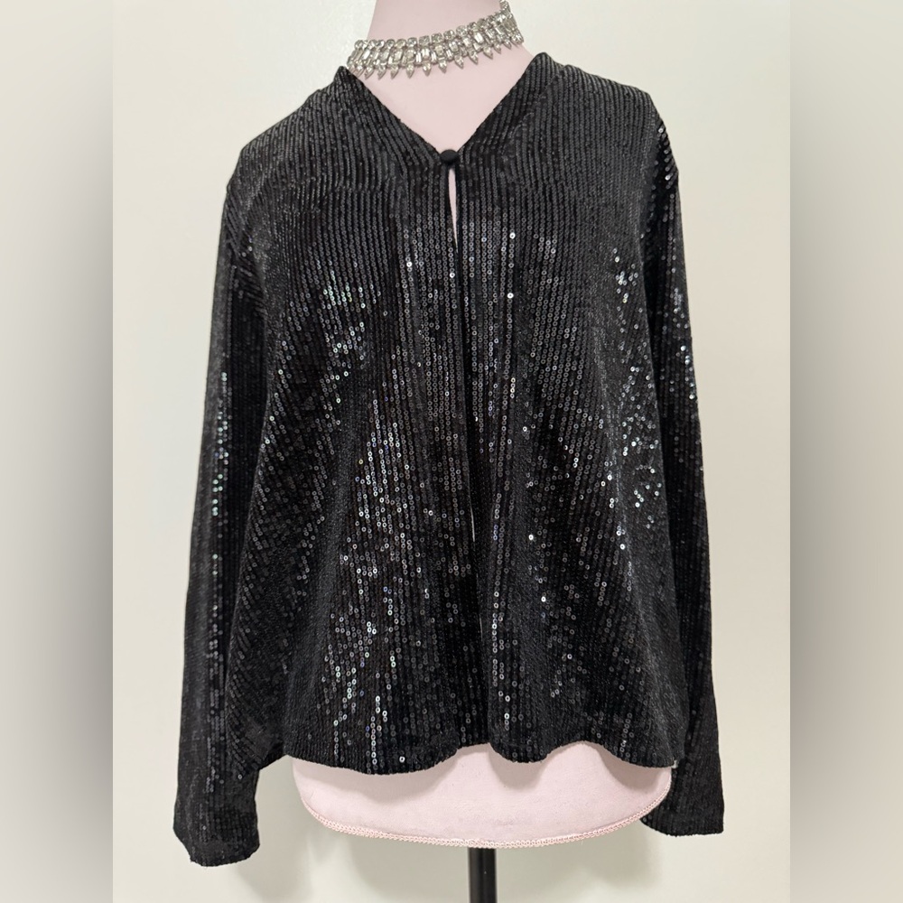 Belledini black sequin single button cardigan in size large